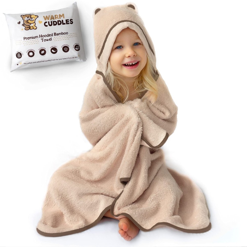 Premium Toddler Towels with Hood | Rayon Made from Bamboo Toddler Bath Towel | Large Hooded Towels for Toddlers | Toddler Towels for Girl Boy (Beige)