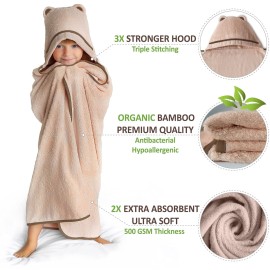 Premium Toddler Towels with Hood | Rayon Made from Bamboo Toddler Bath Towel | Large Hooded Towels for Toddlers | Toddler Towels for Girl Boy (Beige)