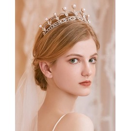 JWICOS Gold Crystal Queen Crown for Wedding Bridal Prom Party Elegant Pearl Tiara Hair Accessories for Brides and Bridesmaid