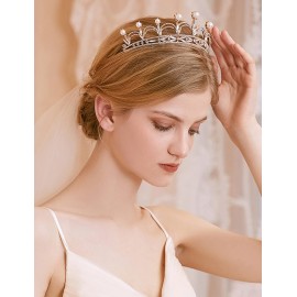 JWICOS Gold Crystal Queen Crown for Wedding Bridal Prom Party Elegant Pearl Tiara Hair Accessories for Brides and Bridesmaid