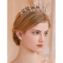 JWICOS Gold Crystal Queen Crown for Wedding Bridal Prom Party Elegant Pearl Tiara Hair Accessories for Brides and Bridesmaid