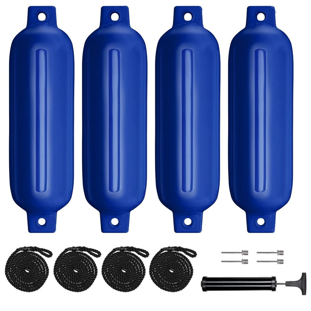 Sailortenx Boat Fenders 4 Pack 4.5x16\'\' Inflatable Ribbed Marine Boat Fender Lines 6.5\' Needles Pump for Boat Bumpers Fender for Docking Fenders Blue