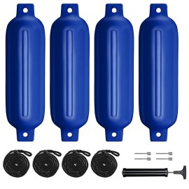 Sailortenx Boat Fenders 4 Pack 4.5x16\'\' Inflatable Ribbed Marine Boat Fender Lines 6.5\' Needles Pump for Boat Bumpers Fender for Docking Fenders Blue