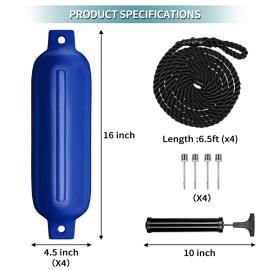 Sailortenx Boat Fenders 4 Pack 4.5x16\'\' Inflatable Ribbed Marine Boat Fender Lines 6.5\' Needles Pump for Boat Bumpers Fender for Docking Fenders Blue