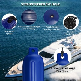 Sailortenx Boat Fenders 4 Pack 4.5x16\'\' Inflatable Ribbed Marine Boat Fender Lines 6.5\' Needles Pump for Boat Bumpers Fender for Docking Fenders Blue