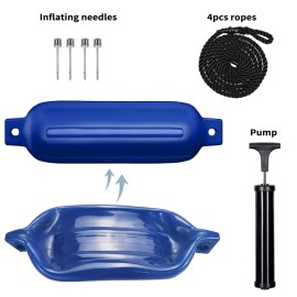 Sailortenx Boat Fenders 4 Pack 4.5x16\'\' Inflatable Ribbed Marine Boat Fender Lines 6.5\' Needles Pump for Boat Bumpers Fender for Docking Fenders Blue