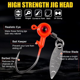 Crappie Jig Heads Fishing Hooks Kit,25pcs Underspin Lures Jig Head with Spinner Blade Eye Ball Painted Fishing Jigs for Bass Trout Saltwater Freshwater 1/16oz