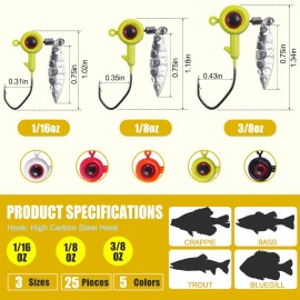 Crappie Jig Heads Fishing Hooks Kit,25pcs Underspin Lures Jig Head with Spinner Blade Eye Ball Painted Fishing Jigs for Bass Trout Saltwater Freshwater 1/16oz