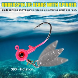 Crappie Jig Heads Fishing Hooks Kit,25pcs Underspin Lures Jig Head with Spinner Blade Eye Ball Painted Fishing Jigs for Bass Trout Saltwater Freshwater 1/16oz