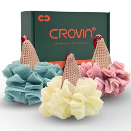 CROIN Ice Cream Shower Pouf (Set of 3) Assorted Colors Bath Mesh Sponge Ball Exfoliating Body Scrubber for Women, Men and Children
