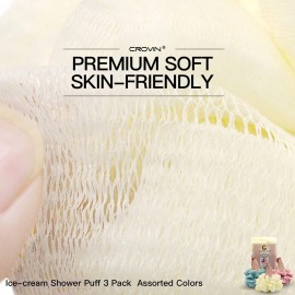 CROIN Ice Cream Shower Pouf (Set of 3) Assorted Colors Bath Mesh Sponge Ball Exfoliating Body Scrubber for Women, Men and Children