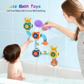 ZWYOIUG Bath Toys, STEM Baby Bathtub Toy with DIY Pipe Tubes, Cubes,Spoon, Lovely Cute Bathroom Time Spray Waterfall Shower Toy, Great Gifts for Toddlers Boys Girls 3 Years and up