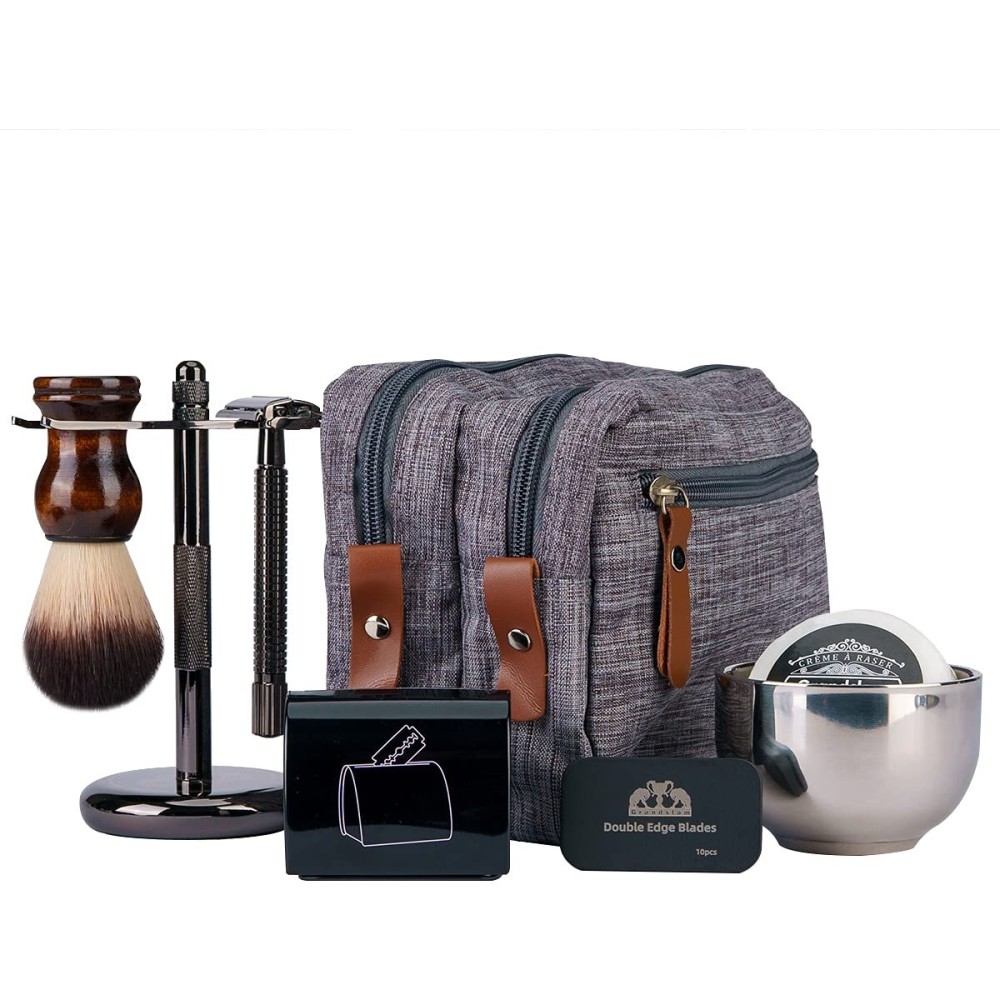 Grandslam Shaving Kit for Men, Safety Razor with 10 Blades, Shaving Brush, Stand and Soap Cream, Stainless Steel Bowl, Canvas & Leather Dopp Kit Gift Set Grandslam Shaving Kit for Men, Safety Razor with 10 Blades, Shaving Brush, Stand and Soap Cream, Stainless Steel Bowl, Canvas & Leather Dopp Kit Gift Set