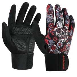 RYMNT Full Fingers Workout Gloves for Men,Padded Weight Lifting Gloves with Wrist Wrap Support for Gym Fitness Weightlifting Exercise, Bodybuilding & Strength Training.Skull-Small