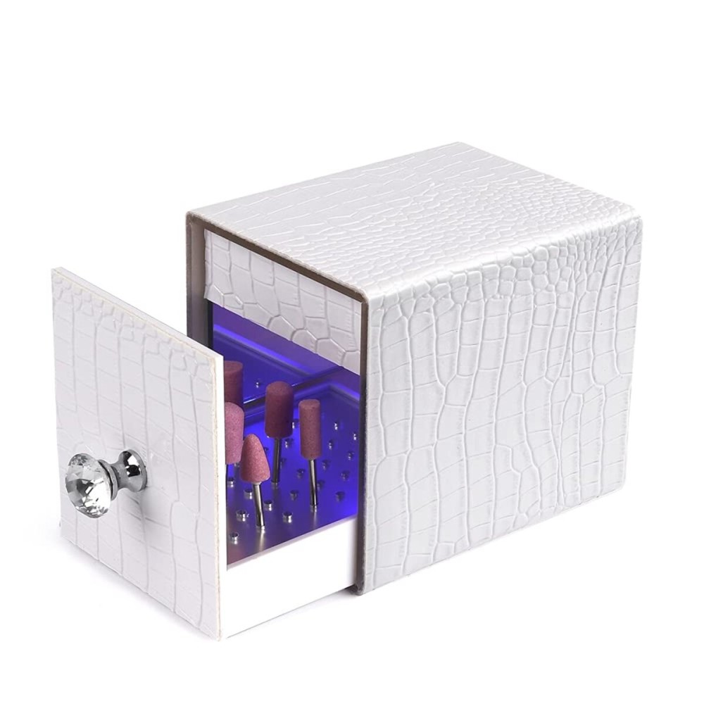 Yokilly Nail Drill Bit Holder,Blue UV Light Box for Grinding Heads Dustproof Stand Displayer Acrylic 48 Holes Nail Salon Organizers Manicure Tools with USB Charging(Not Inlcude Drill Bits)