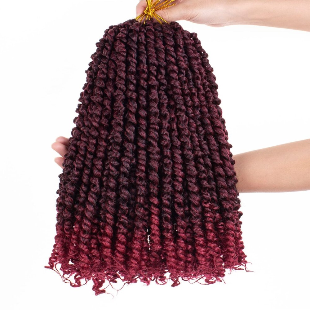 Leeven 12 Inch Pretwisted Passion Twist Hair 8 Packs Ombre Burgundy Pre Looped Red Water Wave Crochet Hair Short Curly Bohemian Braids Synthetic Hair Extensions for Black Women (12Strands/Pack TBUG)