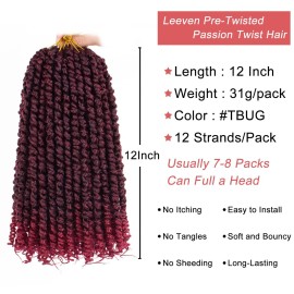 Leeven 12 Inch Pretwisted Passion Twist Hair 8 Packs Ombre Burgundy Pre Looped Red Water Wave Crochet Hair Short Curly Bohemian Braids Synthetic Hair Extensions for Black Women (12Strands/Pack TBUG)