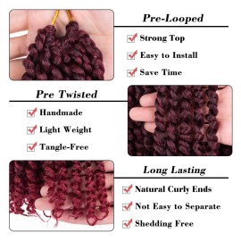 Leeven 12 Inch Pretwisted Passion Twist Hair 8 Packs Ombre Burgundy Pre Looped Red Water Wave Crochet Hair Short Curly Bohemian Braids Synthetic Hair Extensions for Black Women (12Strands/Pack TBUG)