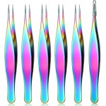 Honoson 6 Pieces Pointed Tweezers Ingrown Hair Precision Needle Point Tip Tweezers Stainless Steel for Nose Facial Hair Eyebrow Blackhead Remover(Rainbow Color)