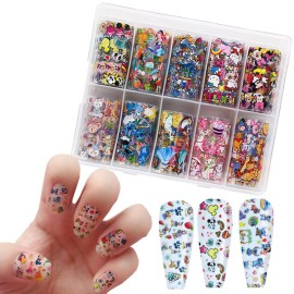 10 Rolls Cute Cartoon Foil Transfer Stickers for Nail Art - Holographic Decals and Designs for Women, Kids, Girls - Acrylic Nails Decoration Supplies