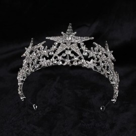JWICOS Silver Shining Star Princess Tiara Crown for Women and Brides Bridal Hair Accessories for Engagement Wedding Prom Pageant