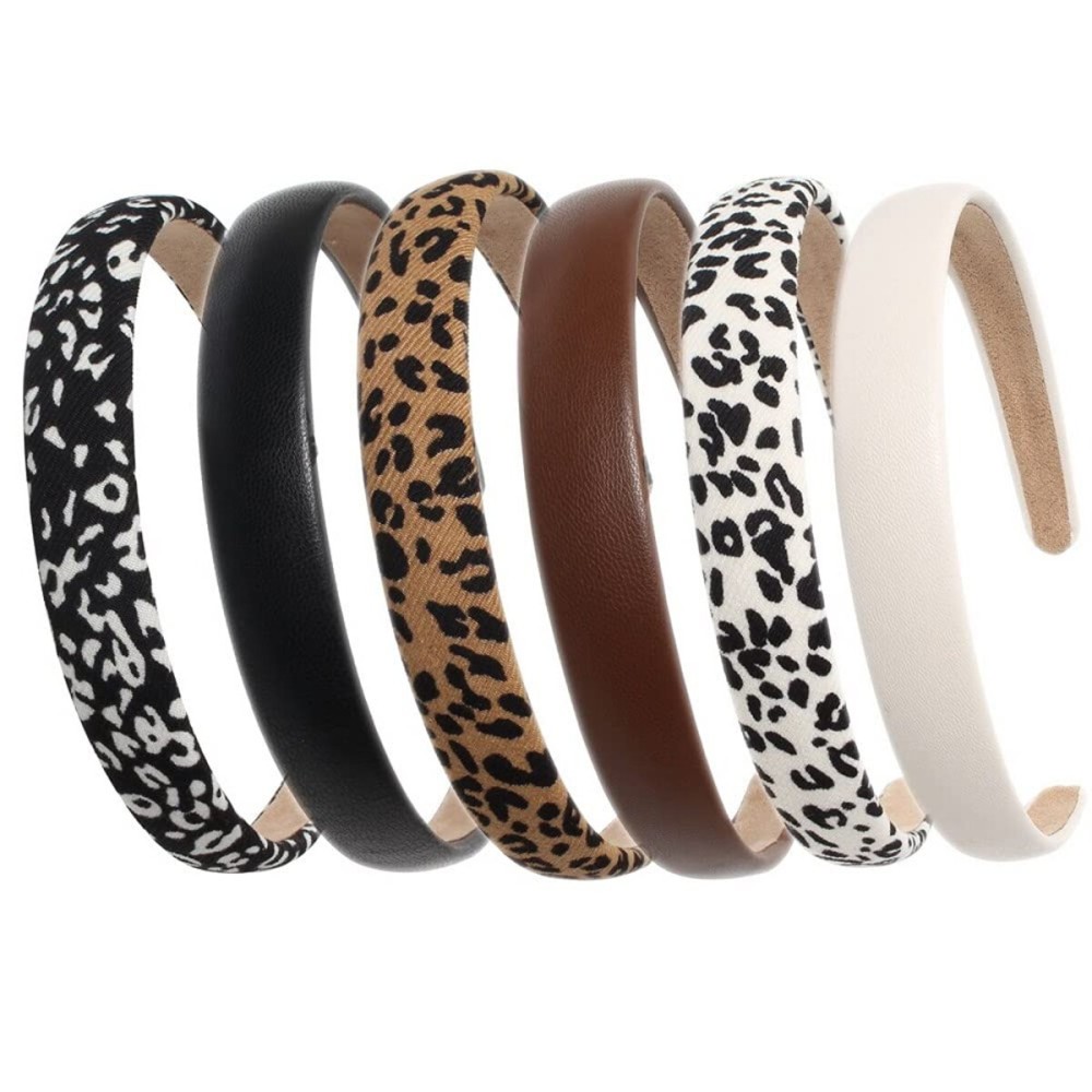 Cuizhiyu Leopard Print Headbands for Women Girls 2cm Wide Headband PU Solid Hairband Hair Hoops Hair Accessories 6 pack (Leopard)
