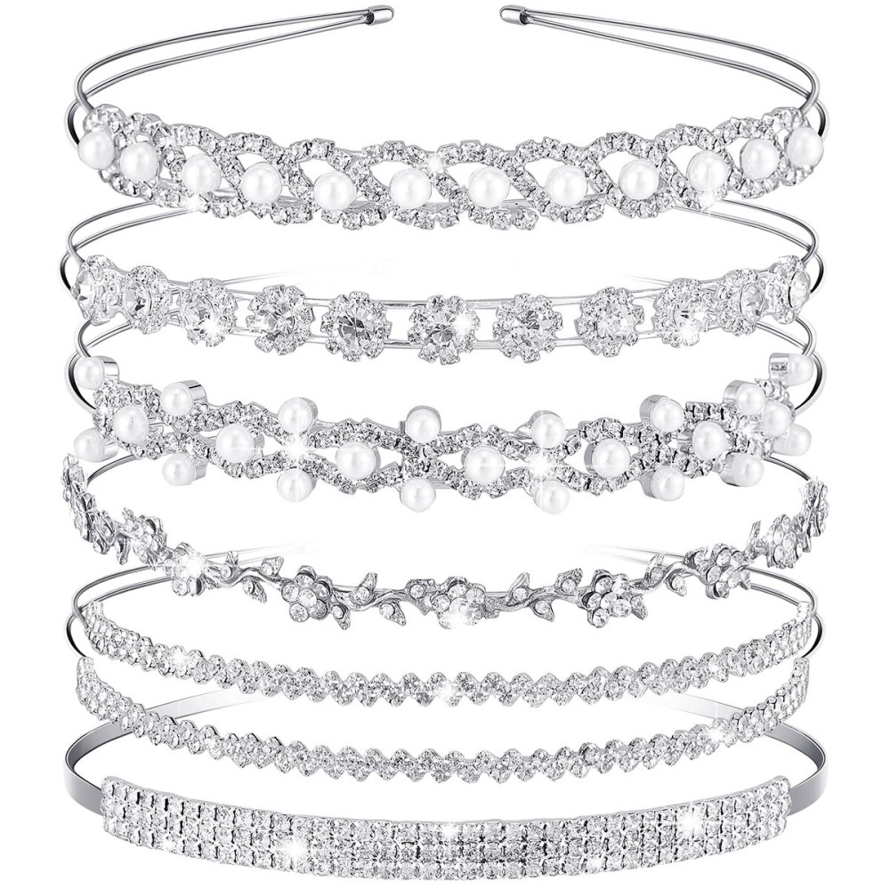 6 Pieces Rhinestones Wedding Headbands Crystal Flower Girl Leaves Crown Headband Tiara Women\'s Faux Pearl Rhinestones Princess Hairband Headdress for Bride Bridesmaids Wedding Party (Chic Pattern)