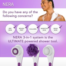 Spa Sciences - NERA - Power Shower Brush - 3-in-1 Multifunction Back & Body Brush - Exfoliation, Cleansing, Massaging - for All Skin Types - Includes Body Brush, Loofah, & Pumice Stone - USB Charging