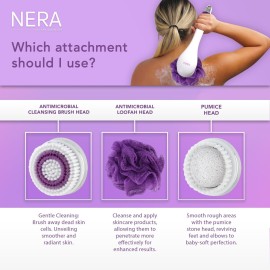 Spa Sciences - NERA - Power Shower Brush - 3-in-1 Multifunction Back & Body Brush - Exfoliation, Cleansing, Massaging - for All Skin Types - Includes Body Brush, Loofah, & Pumice Stone - USB Charging