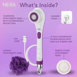 Spa Sciences - NERA - Power Shower Brush - 3-in-1 Multifunction Back & Body Brush - Exfoliation, Cleansing, Massaging - for All Skin Types - Includes Body Brush, Loofah, & Pumice Stone - USB Charging