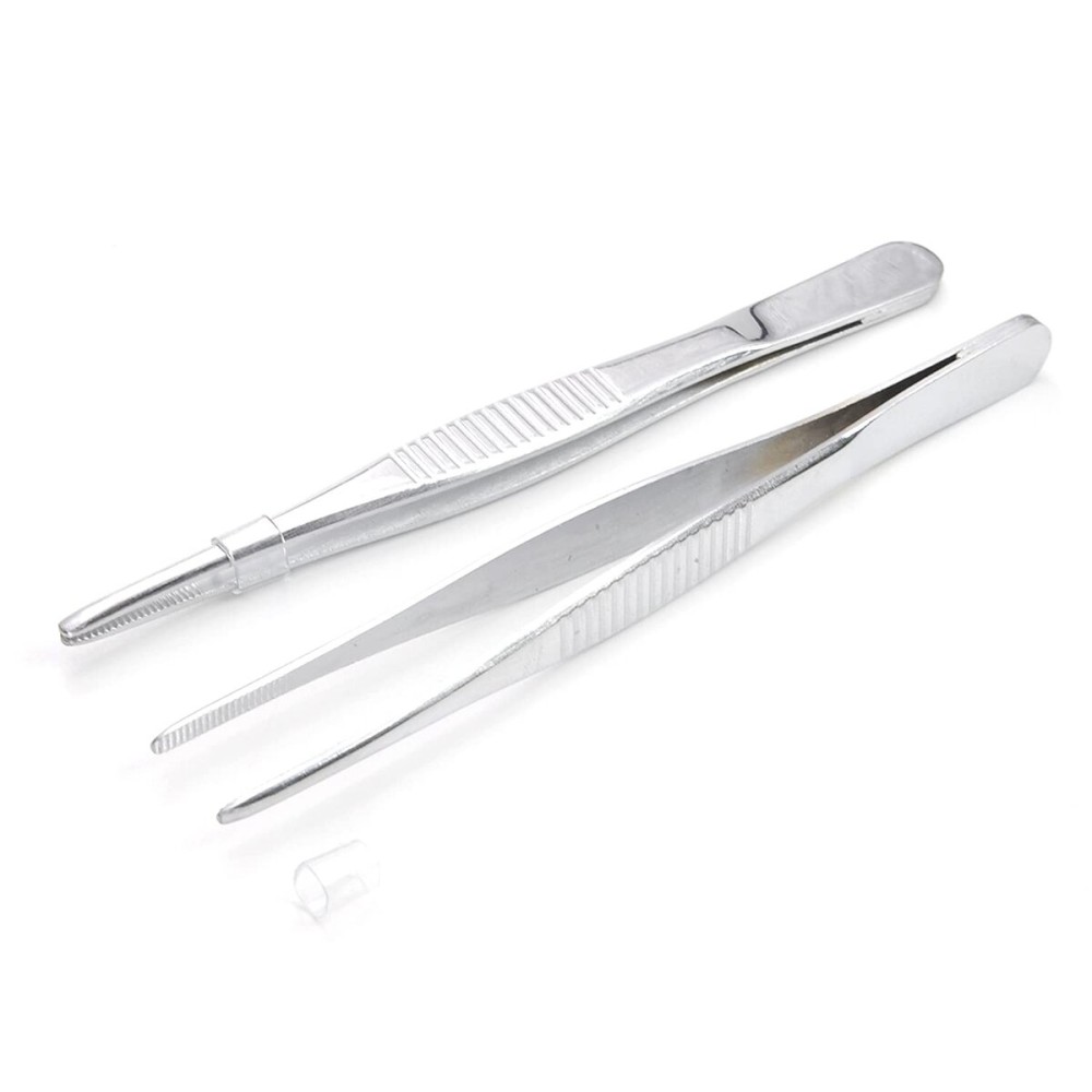 Hegebeck Stainless Steel Tweezers with Flat Round Tip, General Application Lab Forceps, Serrated Tip Straight 5 Inch Tweezers for Plants, Craft, Electrical Repair 2pcs