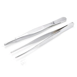 Hegebeck Stainless Steel Tweezers with Flat Round Tip, General Application Lab Forceps, Serrated Tip Straight 5 Inch Tweezers for Plants, Craft, Electrical Repair 2pcs