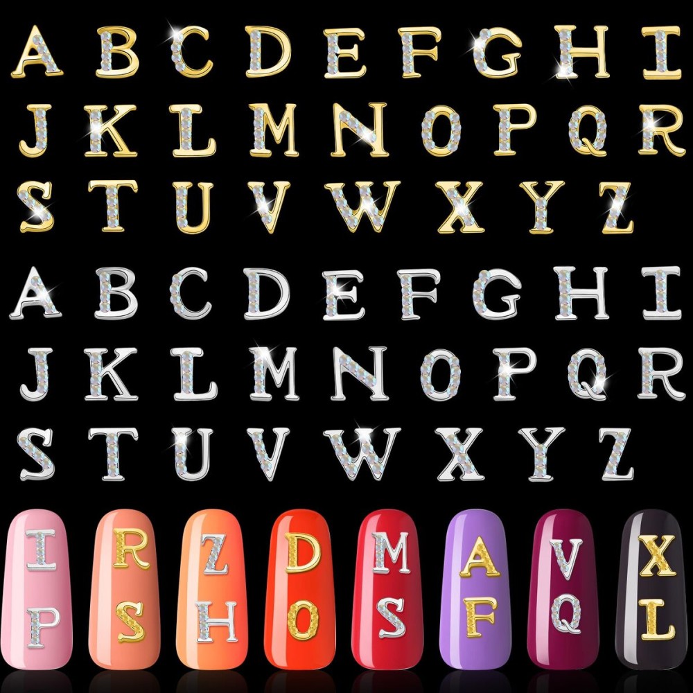 Maitys 104 Pieces Letter Nail Studs 3D Capital Charms Letters and Rhinestone Crystal Nail Decals English Alphabet Fingernail Art Decoration for Women Female DIY Fingernail Art(Gold, Silver)