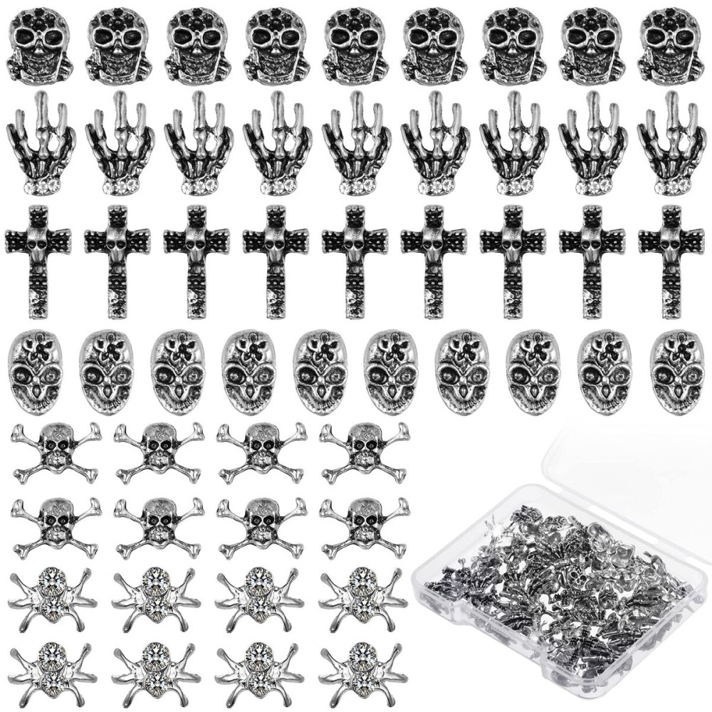 90 Pieces Halloween Nail Charm Skull Ghost Nail Charms Cross 3D Nail Charm Pumpkin Skeleton Nail Jewelry Decoration Halloween Metal Nail Decors for Women Girls Vintage Nail DIY