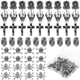 90 Pieces Halloween Nail Charm Skull Ghost Nail Charms Cross 3D Nail Charm Pumpkin Skeleton Nail Jewelry Decoration Halloween Metal Nail Decors for Women Girls Vintage Nail DIY