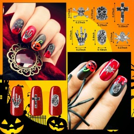 90 Pieces Halloween Nail Charm Skull Ghost Nail Charms Cross 3D Nail Charm Pumpkin Skeleton Nail Jewelry Decoration Halloween Metal Nail Decors for Women Girls Vintage Nail DIY