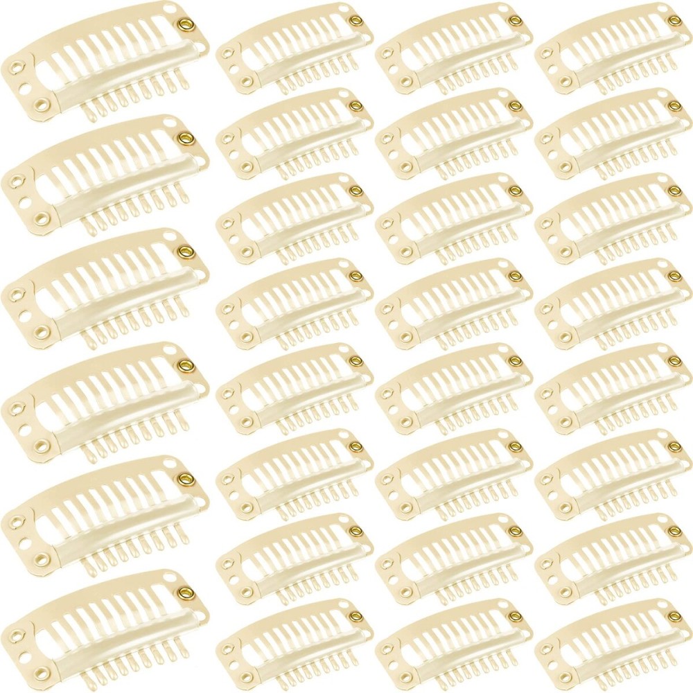 WILLBOND 30 Pieces 32 mm 9-teeth Hair Extension Clips Hair Extension Wigs Snap Clips Comb Small Snap Wig Accessories for Women DIY(Beige)