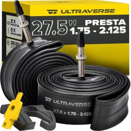 Ultraverse 27.5 Bike Inner Tubes 27.5 x 1.75, 1.95, 2.10, 2.125 - Butyl Rubber Bicycle Tubes with Presta Valve (FV48) - Compatible with Mountain, Hybrid, Gravel & City Bikes - Set of 2