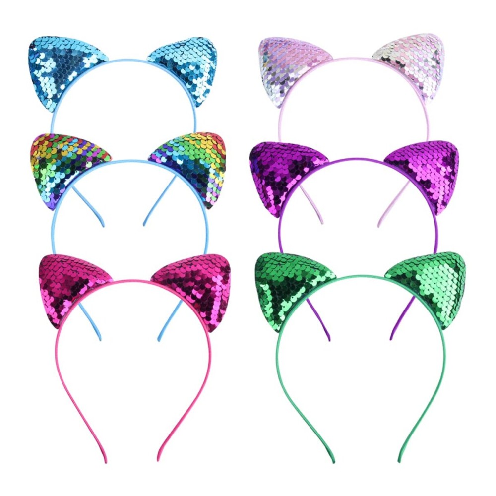 vipolish 6PCS Sequin Cat Ears Headband Shiny Cat Ears Hair Hoop Hair Accessory for Women Girls (Random Color)