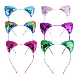 vipolish 6PCS Sequin Cat Ears Headband Shiny Cat Ears Hair Hoop Hair Accessory for Women Girls (Random Color)