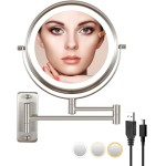 LANSI Rechargeable Lighted Makeup Mirror, 10x Magnifying Mirror, 3 Color Lights, Touch Screen Dimming, 360 Extendable Arm Wall Mounted Mirror for Bathroom Shaving (Brushed Nickel)