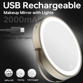 LANSI Rechargeable Lighted Makeup Mirror, 10x Magnifying Mirror, 3 Color Lights, Touch Screen Dimming, 360 Extendable Arm Wall Mounted Mirror for Bathroom Shaving (Brushed Nickel)