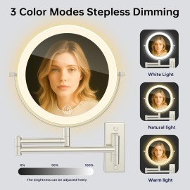 LANSI Rechargeable Lighted Makeup Mirror, 10x Magnifying Mirror, 3 Color Lights, Touch Screen Dimming, 360 Extendable Arm Wall Mounted Mirror for Bathroom Shaving (Brushed Nickel)