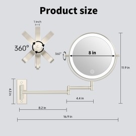 LANSI Rechargeable Lighted Makeup Mirror, 10x Magnifying Mirror, 3 Color Lights, Touch Screen Dimming, 360 Extendable Arm Wall Mounted Mirror for Bathroom Shaving (Brushed Nickel)