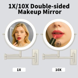 LANSI Rechargeable Lighted Makeup Mirror, 10x Magnifying Mirror, 3 Color Lights, Touch Screen Dimming, 360 Extendable Arm Wall Mounted Mirror for Bathroom Shaving (Brushed Nickel)