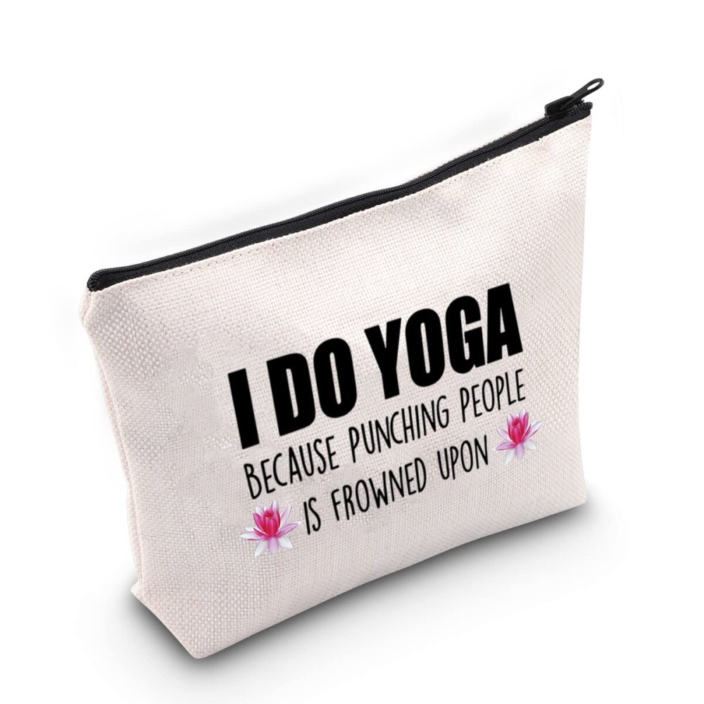 G2TUP Yoga Themed Cosmetic Case (White Bag) - Travel, Gym - I Do Yoga Because Punching People Is Frowned Upon
