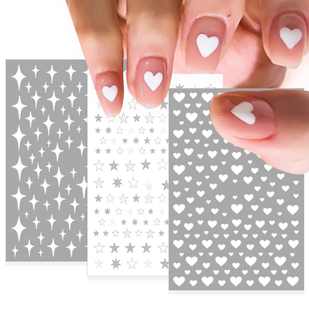 SILPECWEE 6 Sheets Star Nail Stickers Tips Heart Nail Decals 3D Self Adhesive Nail Art Stickers for Women with 1Pc Tweezers