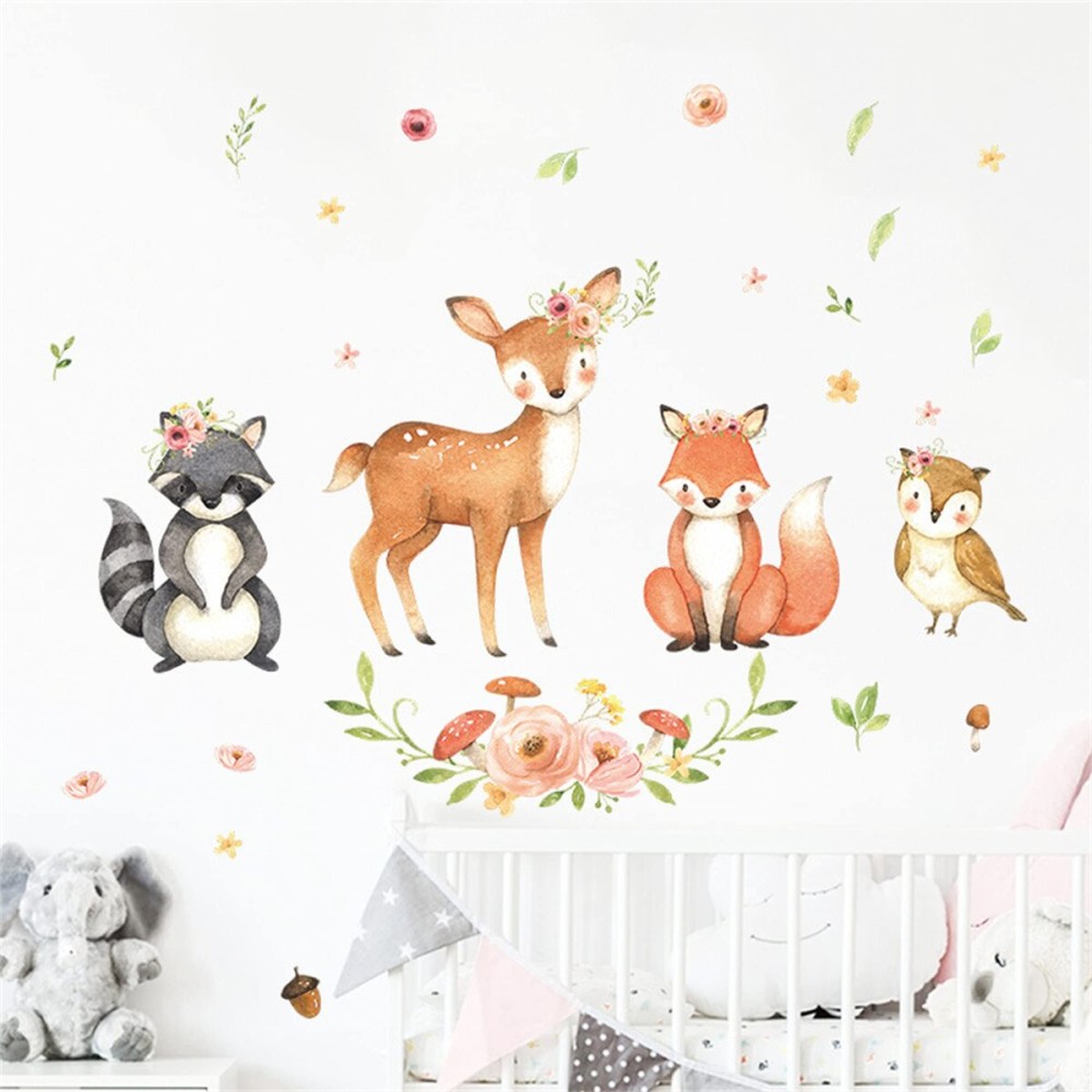 ROFARSO Cute Cartoon Lovely Woodland Animal Wall Sticker for Kid Removable Raccoon Deer Fox Owl Wall Decal DIY Decoration for Nursery Baby Boy Girl Bedroom Playroom Living Room