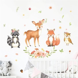 ROFARSO Cute Cartoon Lovely Woodland Animal Wall Sticker for Kid Removable Raccoon Deer Fox Owl Wall Decal DIY Decoration for Nursery Baby Boy Girl Bedroom Playroom Living Room