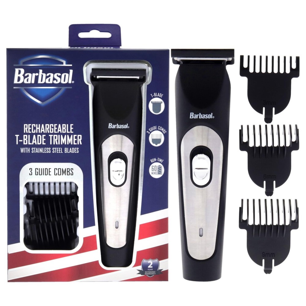 Barbasol Rechargeable Mens T-Blade Trimmer With Stainless Steel Blades, 4 Guide Combs Included: 3mm, 6mm, 9mm, 12mm, Rechargeable, 60 Minutes Of Shaving Time, Easily Washable